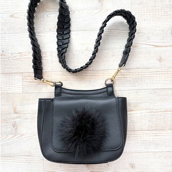 Anthropologie Jules‎ Kae Vegan Leather Pom Pom Crossbody Bag | Black - Picture 1 of 6